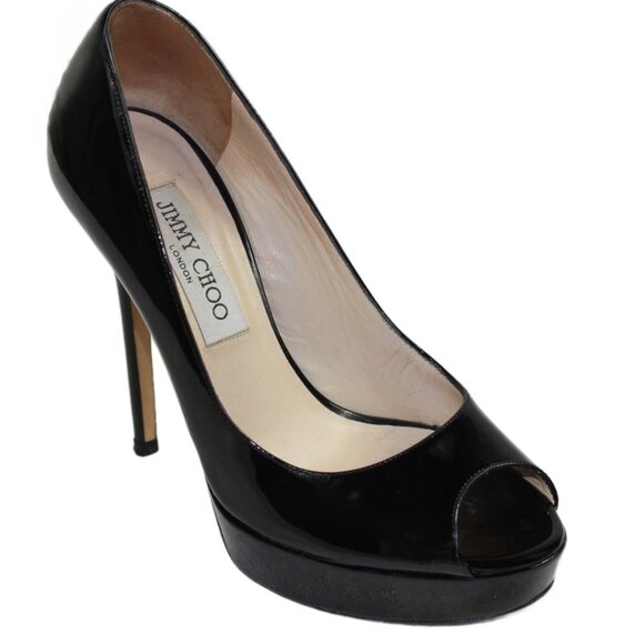Jimmy Choo Luna Black Patent Leather Peep Toe Platform Stiletto. Heel, Size 36 - Picture 2 of 12